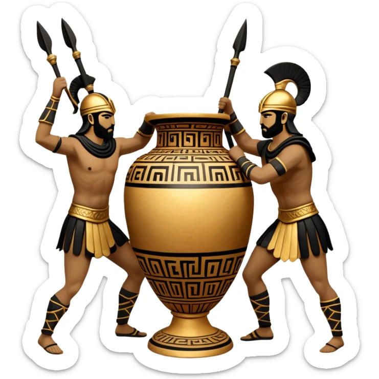 Cinematic-realistic Grecian urn, an exquisite black-figure pottery masterpiece resting in the dim glow of an ancient temple. Intricate golden depictions of two warrior fighting with spears and warriors encircle its curved form, telling timeless myths of heroism and tragedy.  sticker