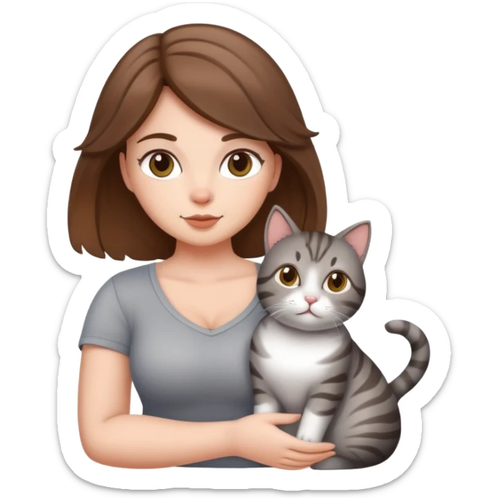 Hot curvy girl with super cute cat, she is white with brown hair, the cat is a grey tabby sticker