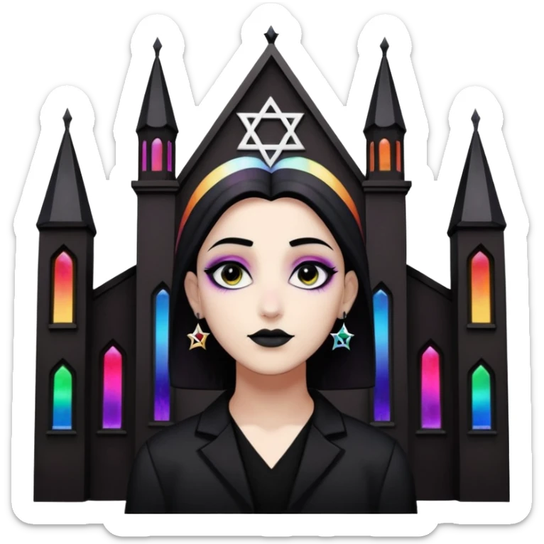 jewish synagogue temple in dark goth aesthetic style with black building and rainbow tint glass windows and star of david and celestial symbolism of peace and acceptance  sticker