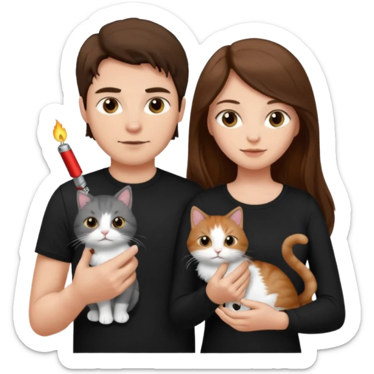 The man is wearing a black shirt and the women is wearing a black top and has longer hair. The cat is lighter  sticker