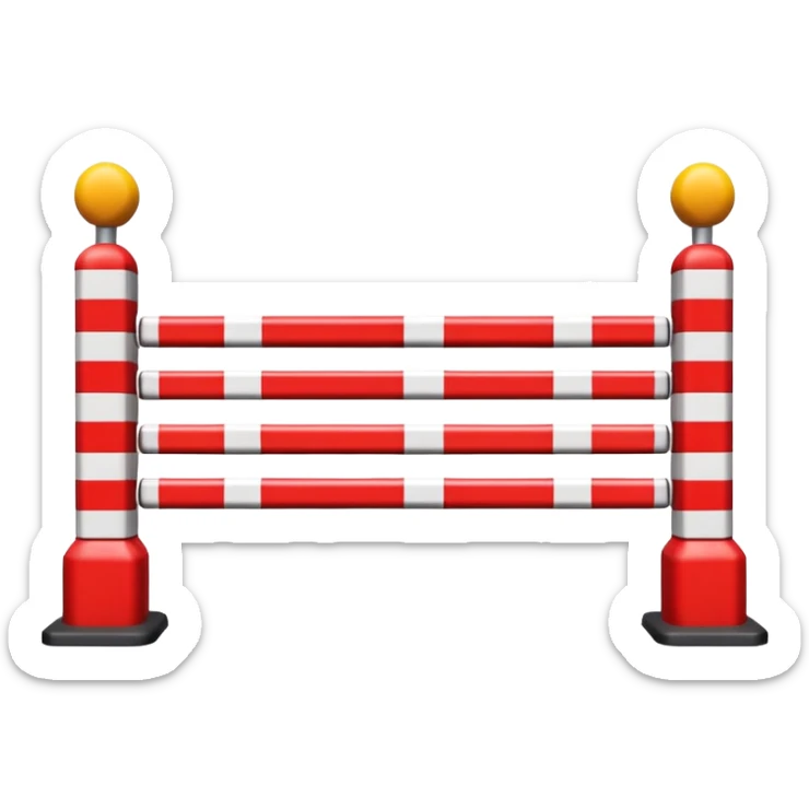 Flat emoji-style icon of a parking barrier gate (boom barrier).
Red and white striped horizontal arm, raised at a slight angle.
Simple geometric shapes, clean vector design.
No text, no background, transparent or plain background.
Bright colors, high contrast.
Centered object, minimal details. sticker