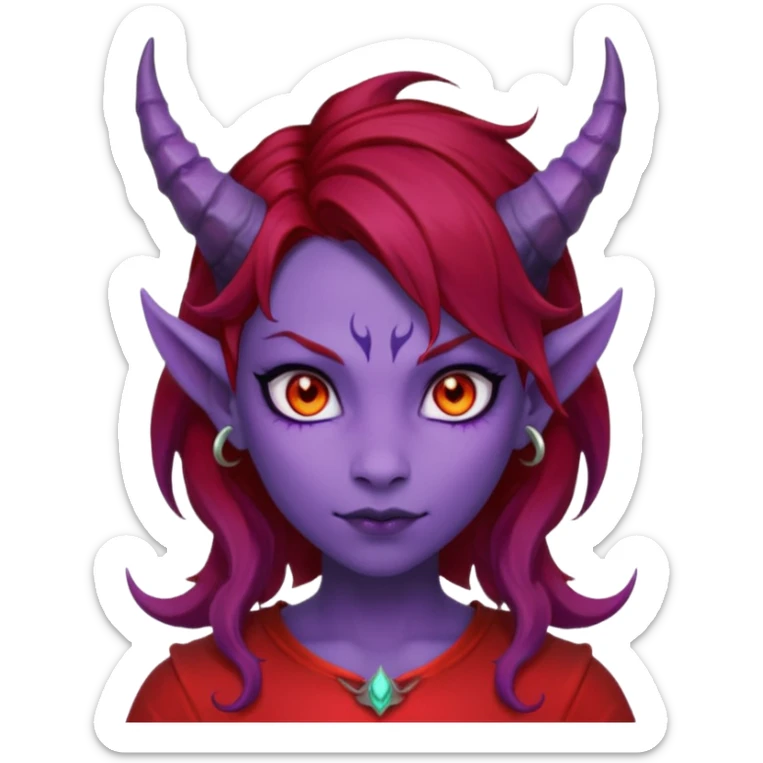 Demon Girl Purple Skin Dragon Horns Black Eyes Red Glowing Pupils Auburn Haired Red Shirt  sticker