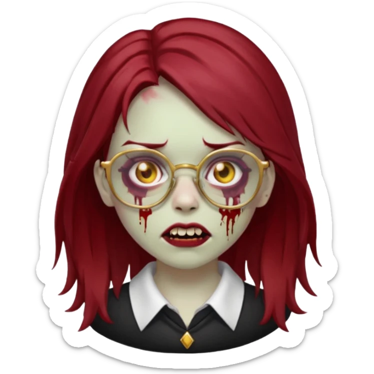 A zombie girl with dark red mid length  hair with golden grills and glasses sticker