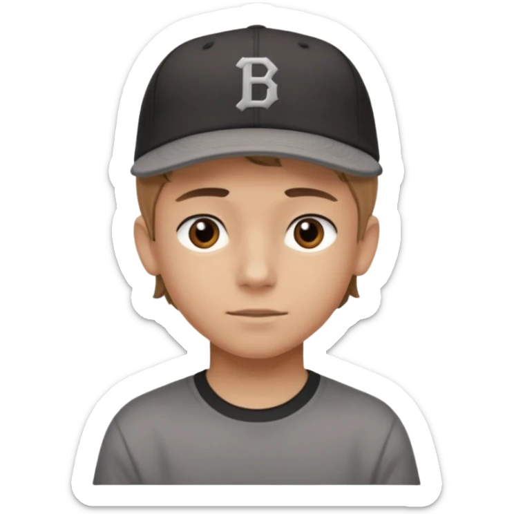 Create a teen boy wearing a faded black T-shirt. He will have light brown hair that is buzzed, tan skin, and dark brown eyes. He is wearing a gray baseball hat turned backwards. sticker