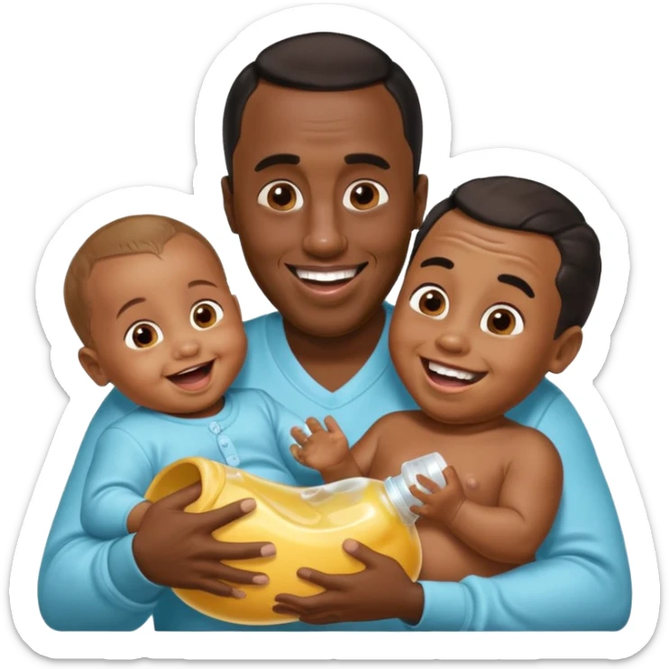 Sean “Diddy” Combs with baby oil and a very small infant and he’s pouring the baby oil on the infant that is laughing with a very exaggerated expression sticker
