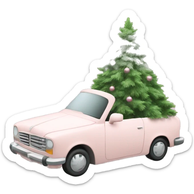 Pale Blush Pink car with a white bound christmas tree strapped to the top sticker