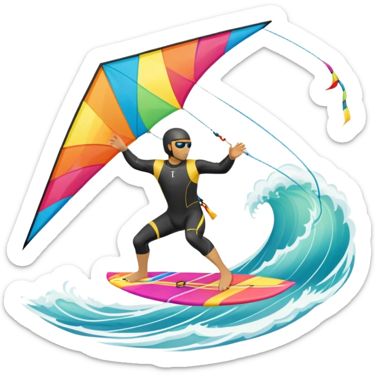the sun shining and the ocean's waves splashing around. A kite surfer gliding across the ocean, with a colorful kite soaring high in the sky and the surfer carving through the waves. The scene captures the energy and freedom of the sport sticker
