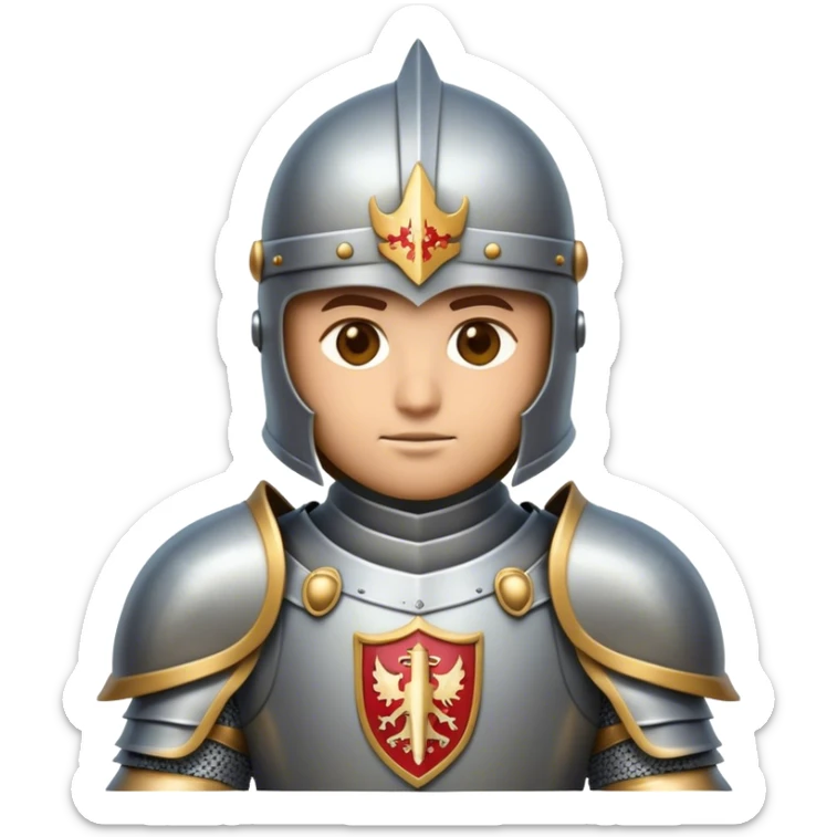 Clash of Clans aesthetic friendly Knight Portrait Emoji, With a noble, armored build featuring a gleaming suit adorned with intricate heraldry and a determined gaze behind a visored helm, his face rendered in a natural skin tone (not yellow), Simplified yet dynamic features, highly detailed, glowing with a cool, steely radiance, high shine, courageous and resolute, stylized with an air of chivalric valor, focused and stalwart, soft glowing outline, capturing the essence of a valiant knight ready to charge into epic quests with honor! sticker
