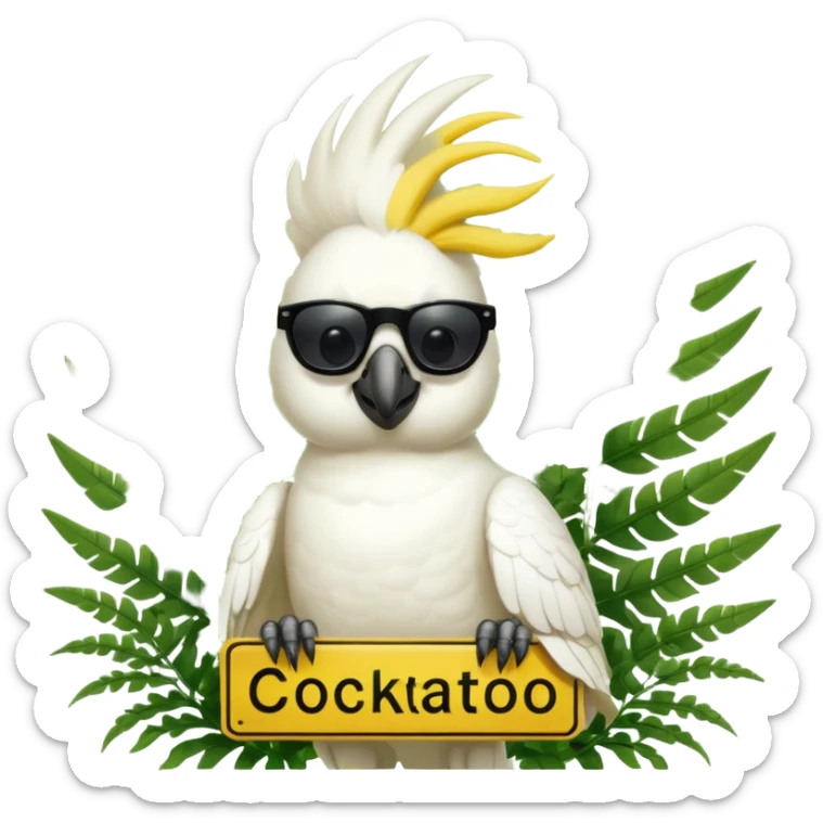 sulfer crested cockatoo wearing sunglasses sitting in a green fern tree with an australian street sign saying 'cockatoo' sticker