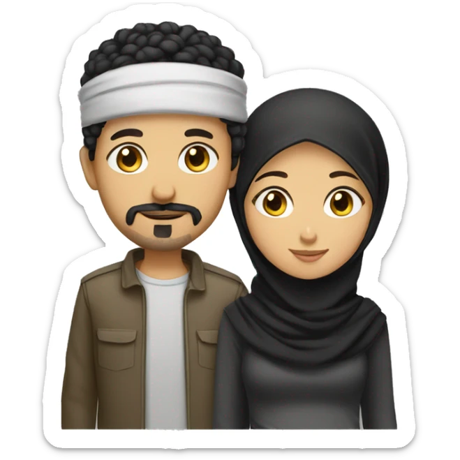 brown muslim couple. the boy has black short curly hair, goatee and moustache, black eyes. The girl has hijab  sticker