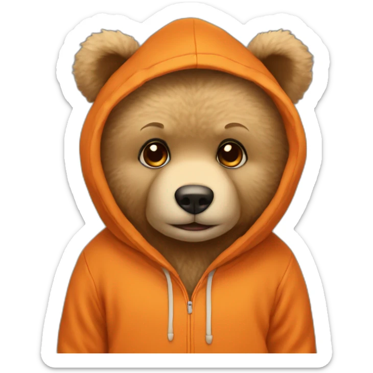A cute beige teddy bear wearing an orange hoodie. His eyes are black sticker