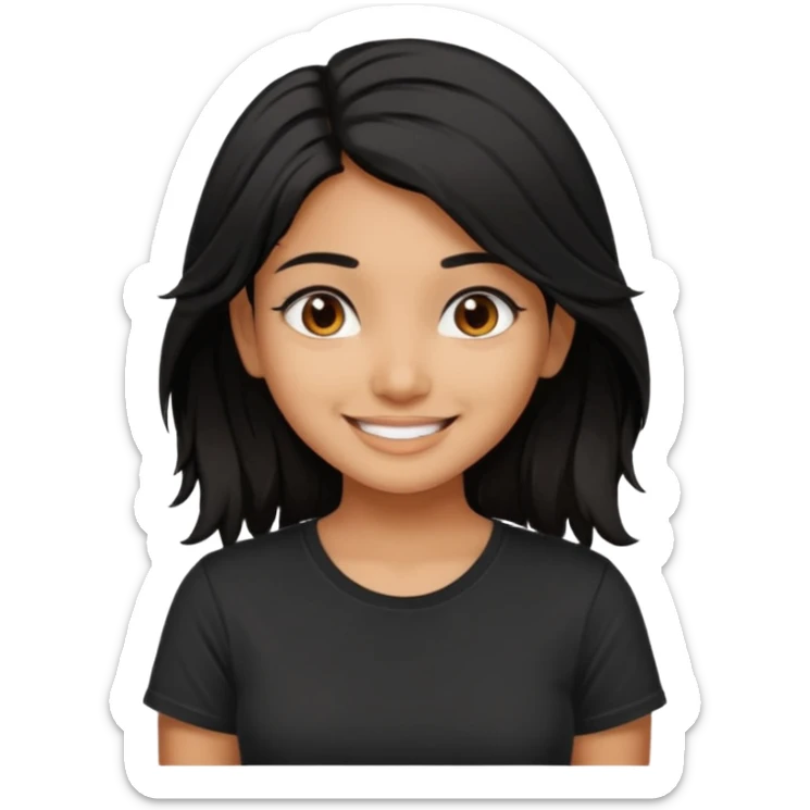 a pretty tan indian bratz girl with messy dark black hair, wearing a black tee. sticker