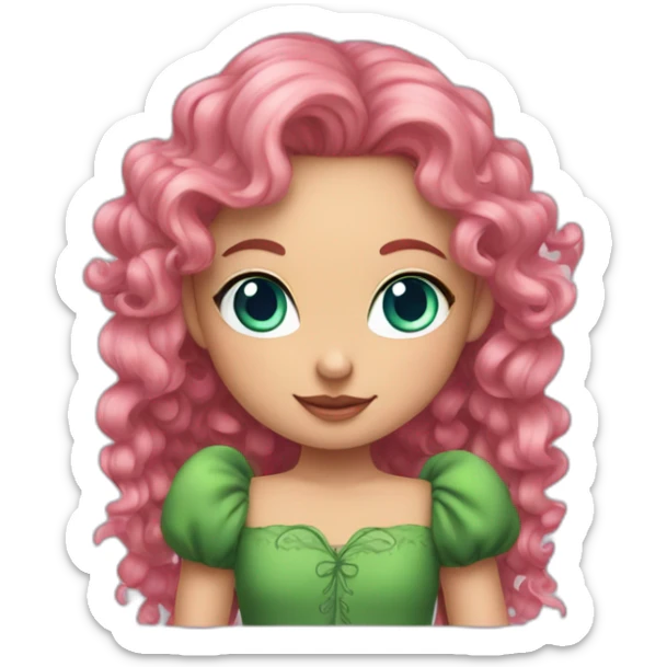 Girl with elf ears, long pink curly hair, blue eyes and green dress sticker