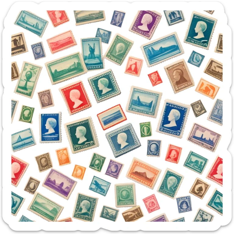 Icon for Stamp Collecting: a collection of vintage and colorful stamps arranged in an album or on a desk, with a large stamp block in the center showcasing different countries and themes. The icon should reflect the charm and history of philately. Transparent background. sticker
