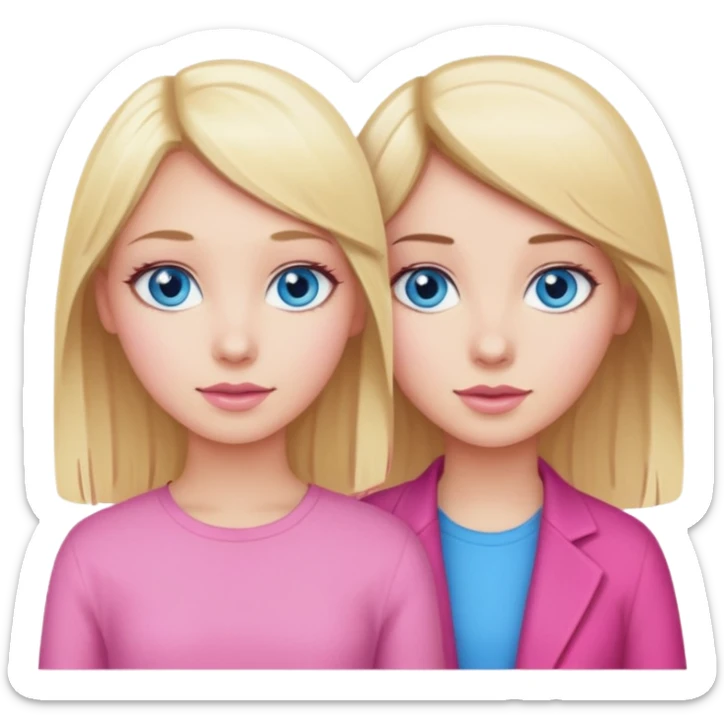 Blonde girl with blue eyes and Brunette haired girl with blue eyes wearing pink sticker
