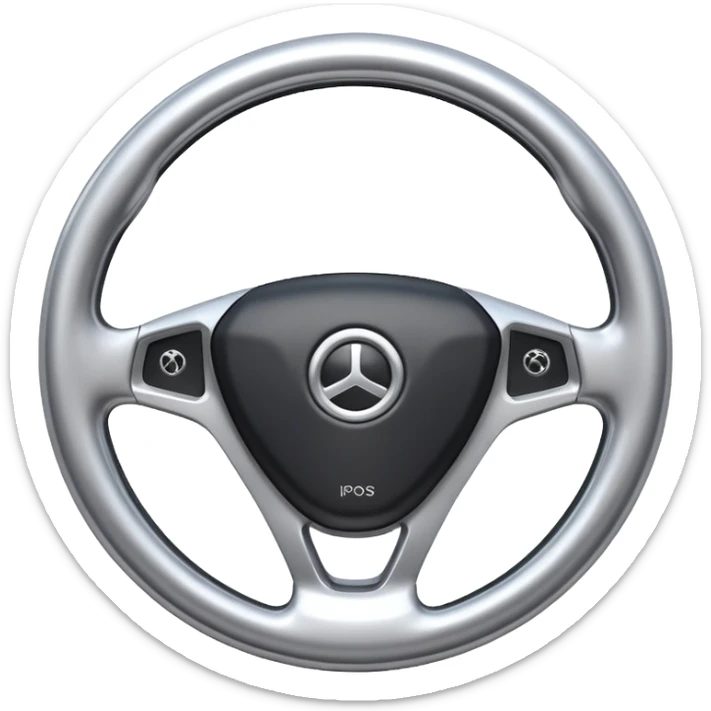 A futuristic steering wheel emoji made of silver chrome, minimal geometric design, smooth metallic surface, soft reflections, iOS emoji style, centered, clean white background sticker
