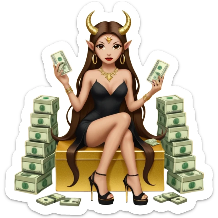 Sensual seductress long brown straight haired sexy drug lord woman with  glitter platform high heels on her feet,  and devil black horns on her head, holding a stack of cash, has a phone in other hand. Sitting on gold cases full of drugs, long black dress with sexy slit sticker