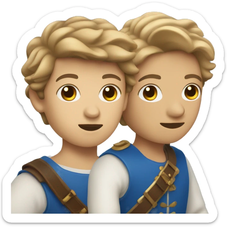 Three musketeers, two are female with brown and blond and one is male with brown hair all dressed in blue sticker