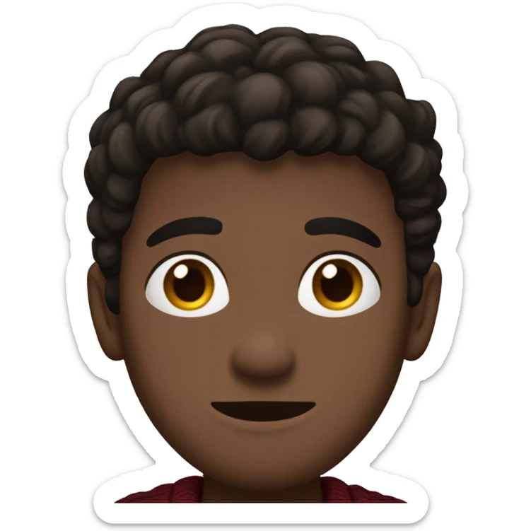dark hispanic boy, tight to the head black brown hair, brown eyes, brown jacket, burgundy sweater sticker