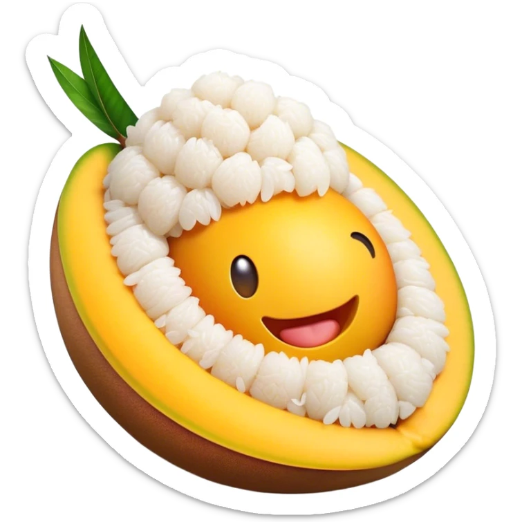 Cinematic Realistic Mango Sticky Rice Dessert Emoji, showcasing sweet sticky rice paired with ripe mango slices and coconut milk rendered with lifelike detail and warm, inviting lighting. sticker