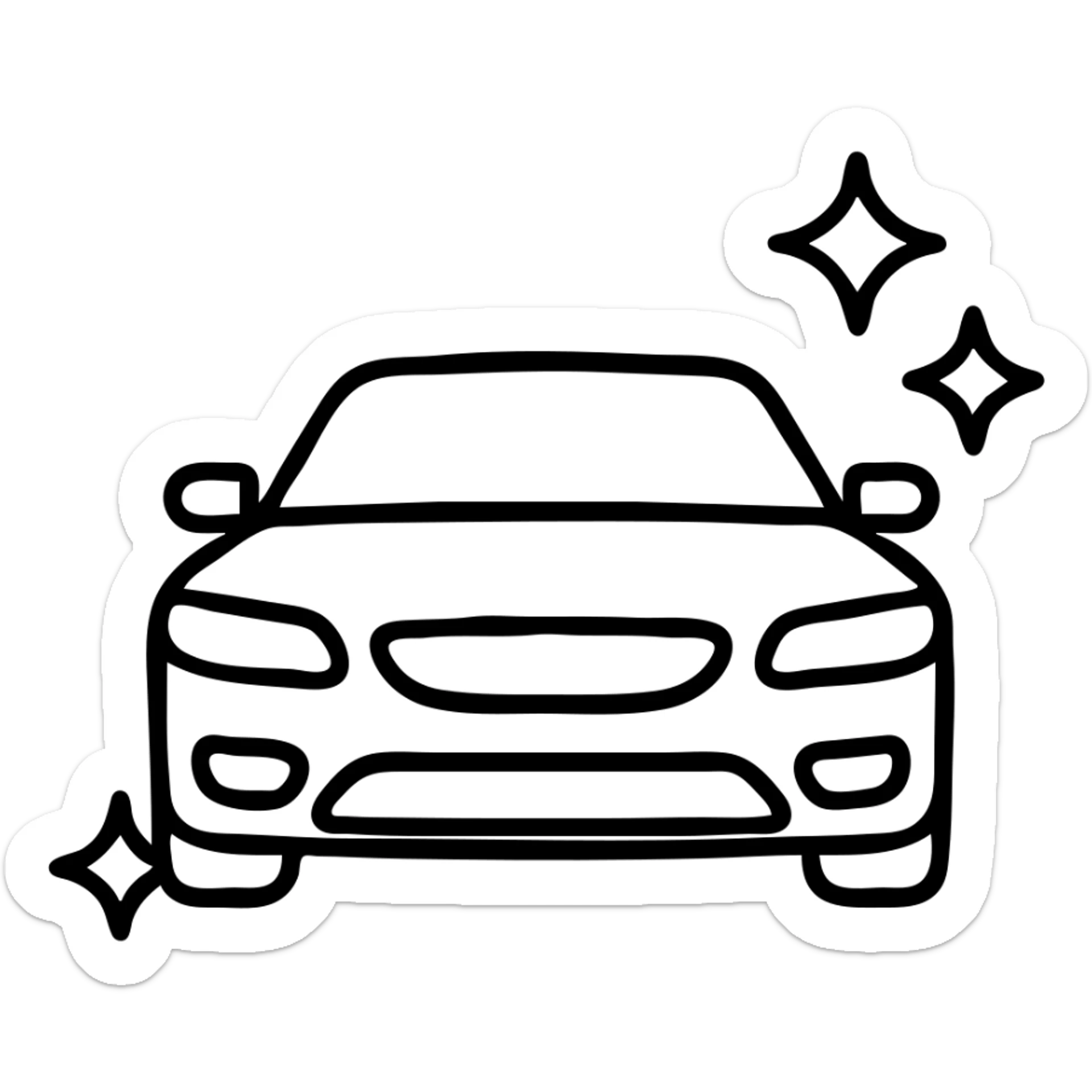 outlined icon of a high-end car, glossy black with sparkling stars and mirror-like reflections, clean lines, modern and simple, perfectly clean vehicle sticker