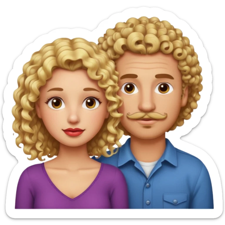 sarı saçlı kıvırcık kahverengi gözlü güzel dudaklı kızla kıvıcık saçlı çenesinde sakal ve bıyık olan kısık gözlü erkek aşk emojisiyap sticker