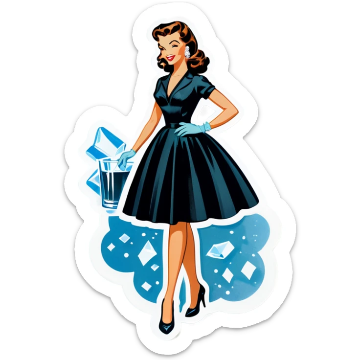 Beautiful woman in 1950’s woman fashion look, black shimmery dress, long dark brown hair, whisky with ice sticker