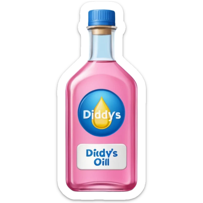 bottle of oil blue top pink outside with logo that says Diddys Oil sticker