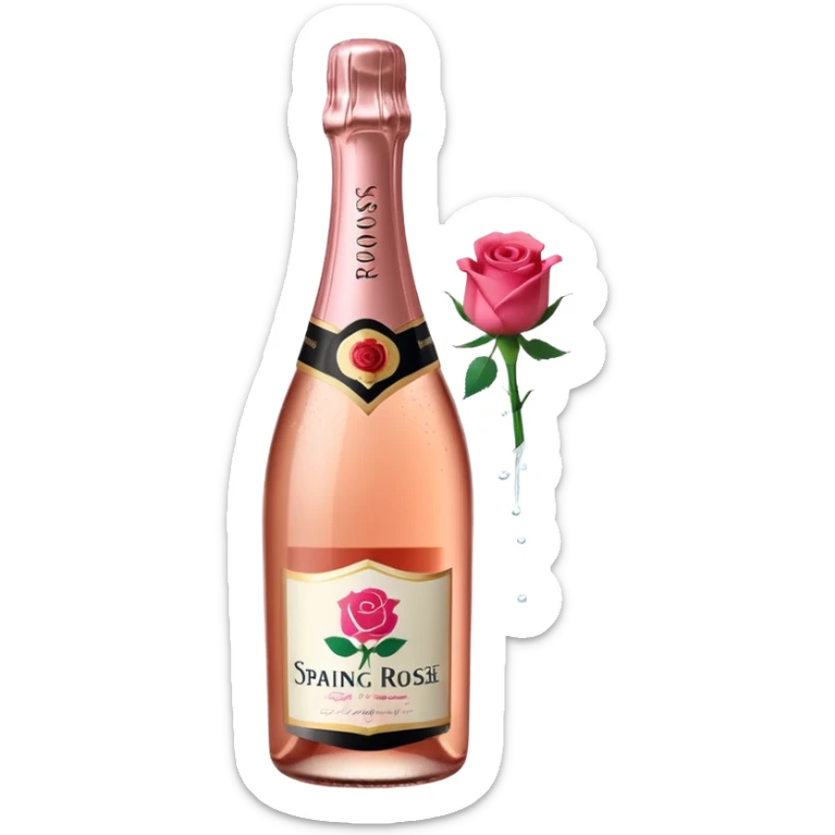 bottle of sparkling rosé champagne with a rose logo on the label, tilted up and to the right, no glass sticker