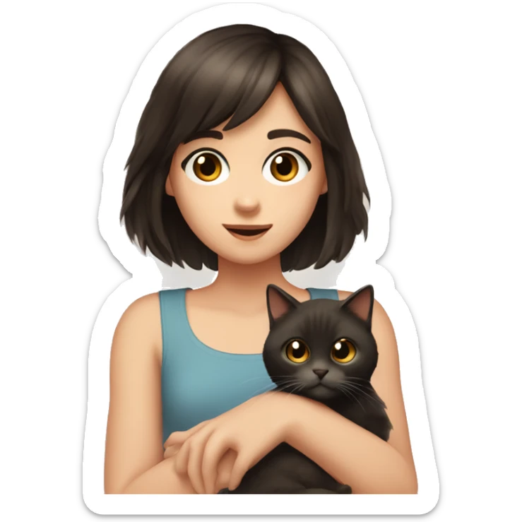 A pale girl with dark brown hair and dark brown eyes and bangs holds a cat in her hands and looks at her sticker