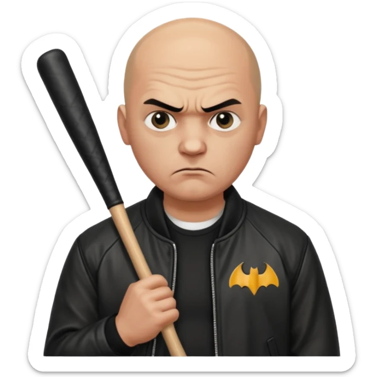 Bald Russian 1990s gangster emoji, leather jacket, , serious angry face with a bat sticker