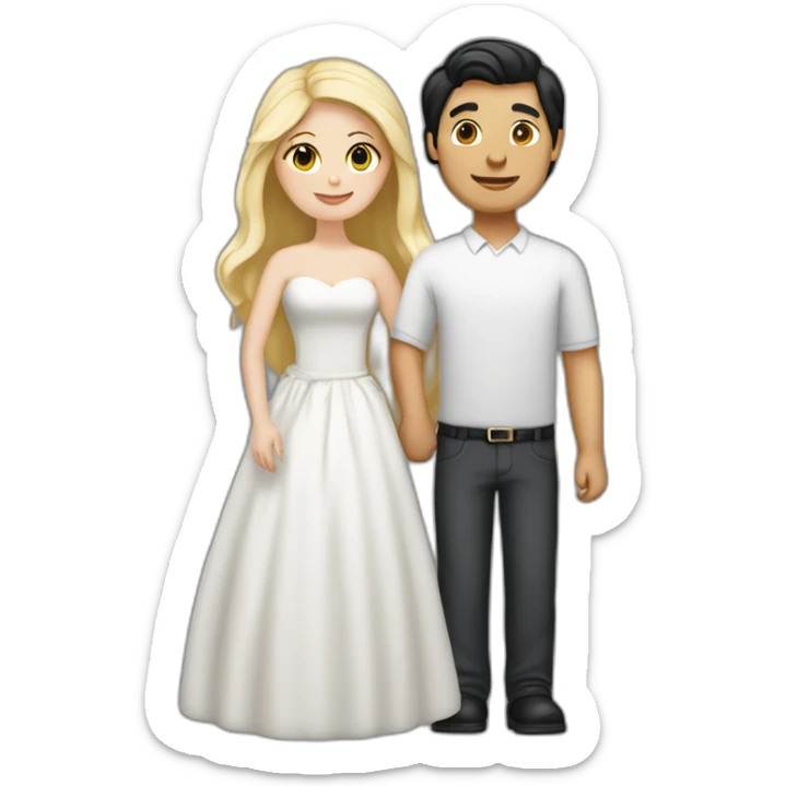blond man, black hair white skin woman, marriage and holding gray cat sticker