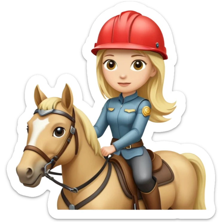 A blonde haired women wearing a helmet riding a horse sticker