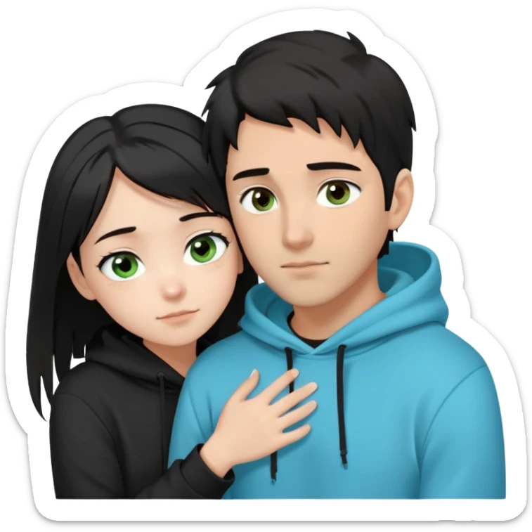 “A dark-haired Latino guy with brown eyes, wearing a black hoodie and a short fringe falling forward, is hugging a very pale, black-haired girl. Only her face is visible — she has greenish-blue eyes and a ponytail, with two strands of hair framing her cheeks.” sticker