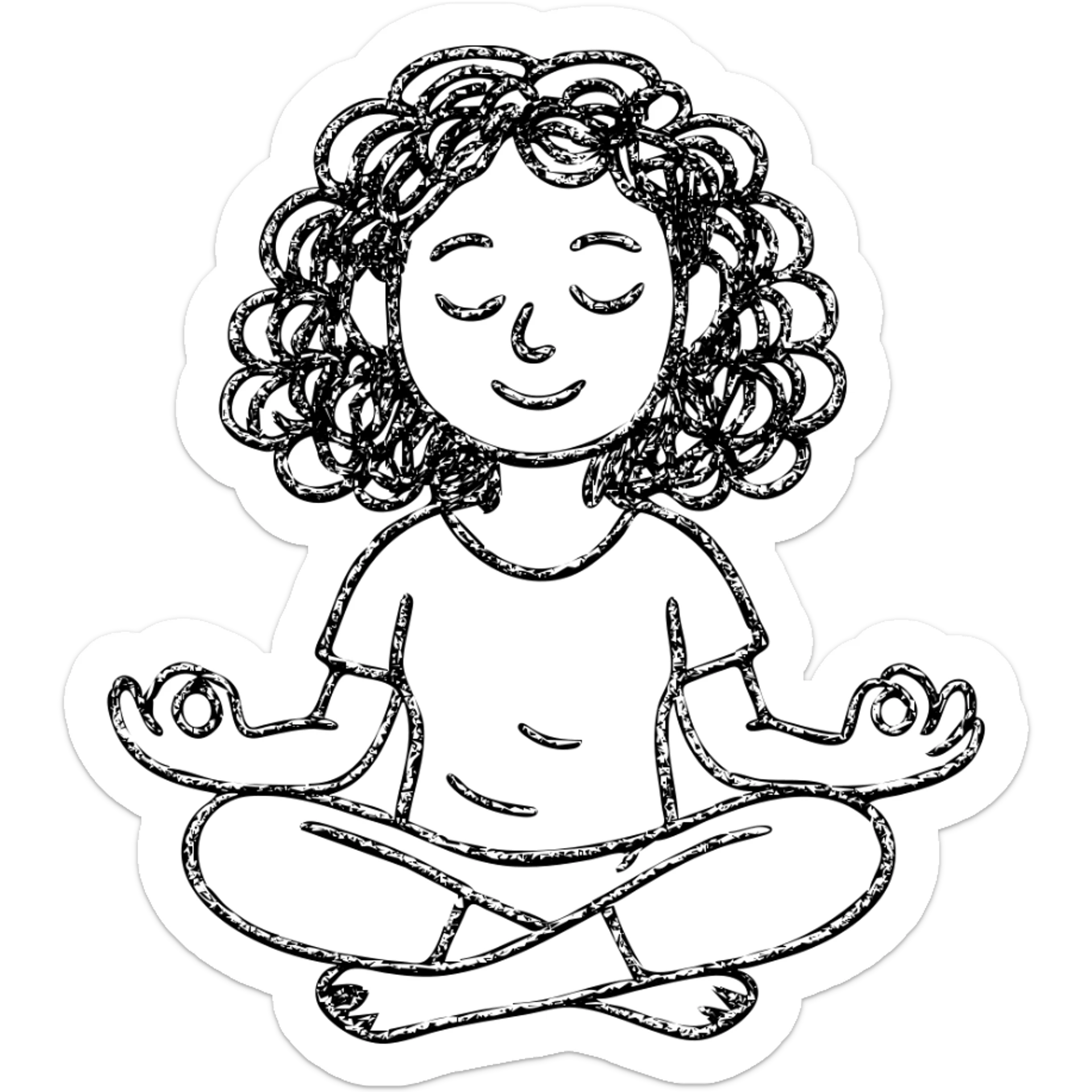 brunette girl with curly hair meditating, sitting cross-legged, hand drawn outlined icon sticker