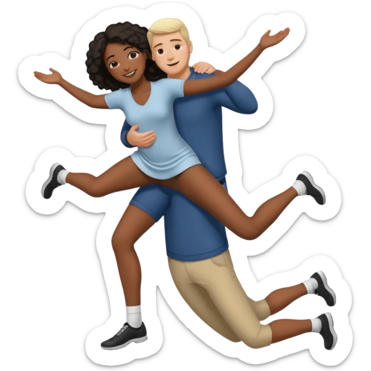 interracial couple where white man is holding black woman off the ground arms supporting her back and under her knees sticker