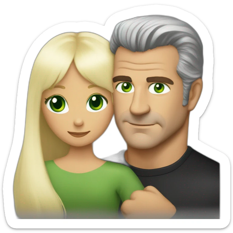 Mel Gibson hugging a woman blond square staright haire with fringe and green eyes sticker