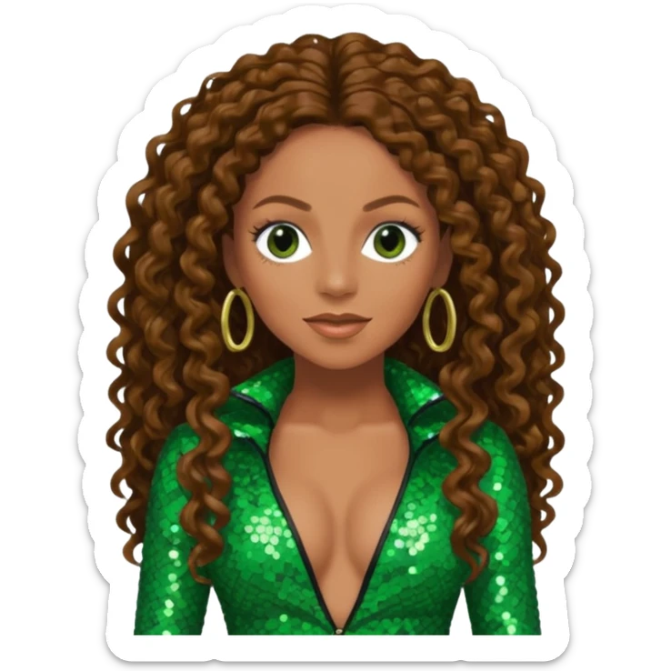 Mel B from Spice Girls with long brown curly hair, green sequin outfit sticker