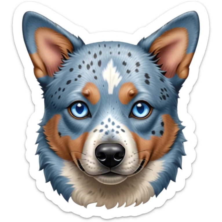 Cinematic Noble Blue Speckle Australian Cattle Dog Portrait Emoji, Poised and regal, with a robust, athletic build and a striking blue speckle Fur, piercing blue eyes, Simplified yet sharp and sophisticated features, highly detailed, glowing with a cool, dignified glow, high shine, intelligent and hardworking, stylized with an air of precision, focused and attentive, soft glowing outline, capturing the essence of a watchful and determined herder, so majestic it feels as though it could leap out of the screen with effortless authority! sticker