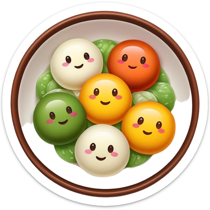 Shanghai Tangyuan sticky rice balls with colorful fillings in syrup, simplified emoji style with bold outlines and bright colors, cartoon style sweet Chinese dessert sticker