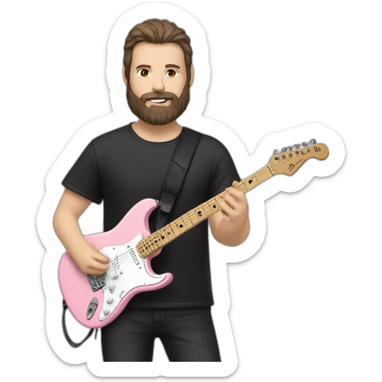 white man with dark beard and black t shirt and pastel pink stratocaster electric guitar sticker
