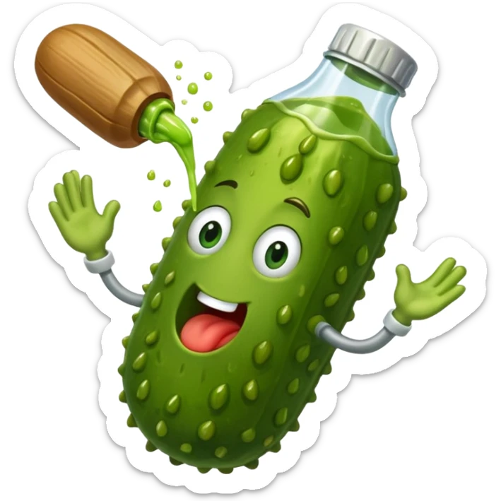 a cartoon pickle with juice squirting from the top of it, being squeezed by a hand sticker