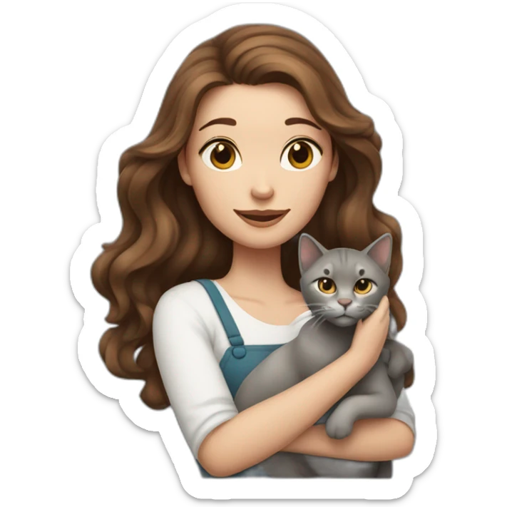 A wite skin woman with wavy brown hair holding a grey cat sticker