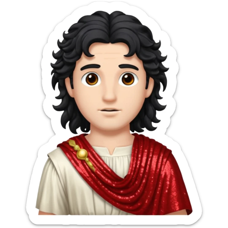 Adonis, God of Beauty from Roman Deities with long black wavy hair, red sequin toga sticker