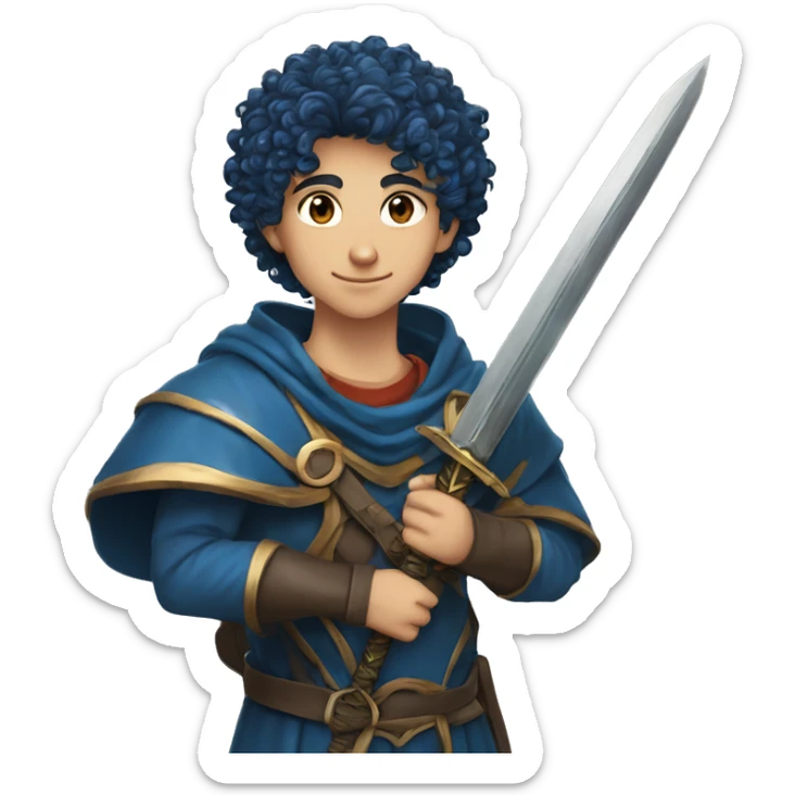 a 5'8" 13 years old lebanese, christian teenage boy with curly, slightly dark blue hair. He wields a sword of the same color as his hair, and wears an armor of the same color. sticker