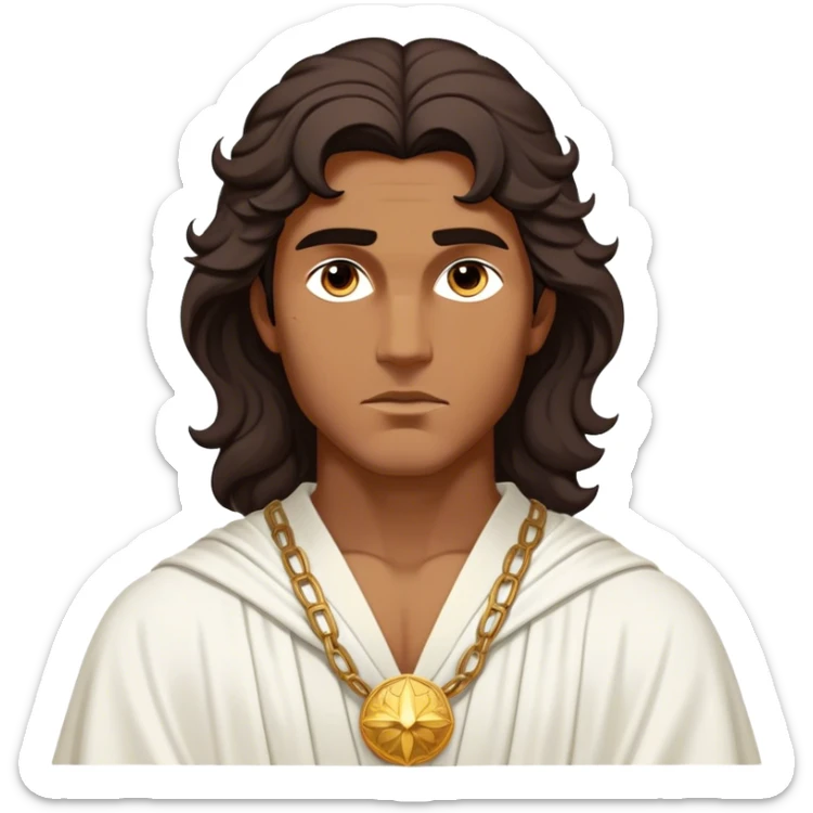 Cinematic Realistic Hercules Portrait, depicted as a classical Greek hero inspired by the Disney version yet echoing the refined proportions and serene dignity of Michelangelo's David. His idealized, sun-kissed bronze skin glows with timeless strength, and his thick, wavy dark hair falls in natural, sculpted curls. Draped in a flowing white robe with delicate golden accents, his expressive eyes radiate determined nobility, all rendered under dynamic natural lighting with a mythic, radiant glow. sticker