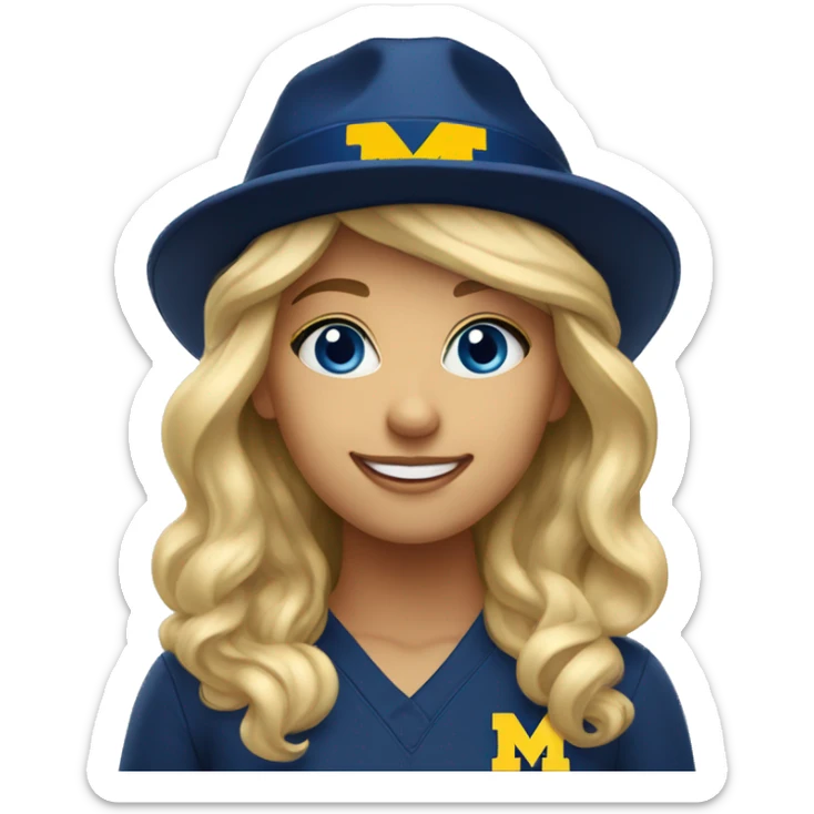 Blonde girl with blue eyes smiling wearing University of Michigan hat sticker