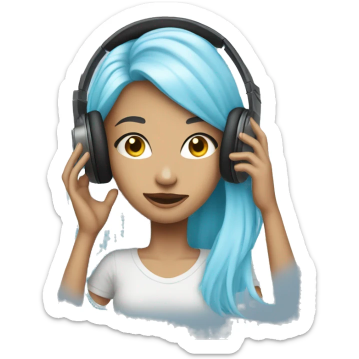 young woman with long light blue hair, listening music, wearing headphones, sticker