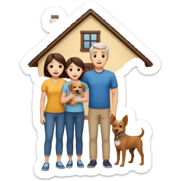 a mom and dad standing in front of a house with their son and a dog next to them (1 dog) and 1 SON not daughter sticker