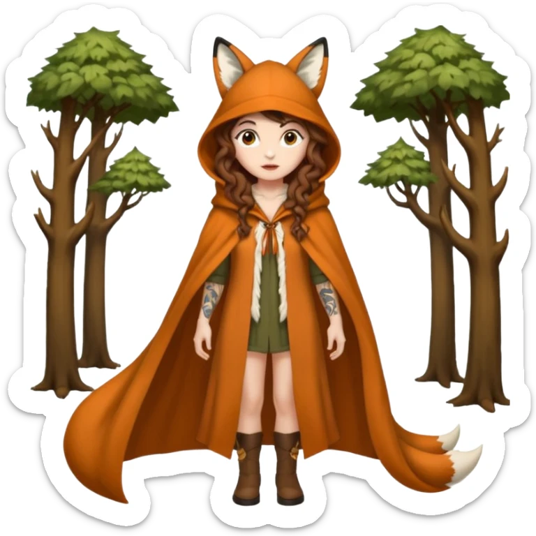 full body woman long curly brown hair brown eyes white skin tattoos wearing fox ear hat and open forest cloak, confident stance sticker